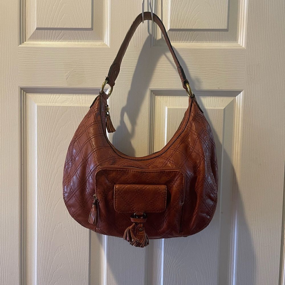 Antonio Melani Hobo Medium leather tan with geometric stitch accent.